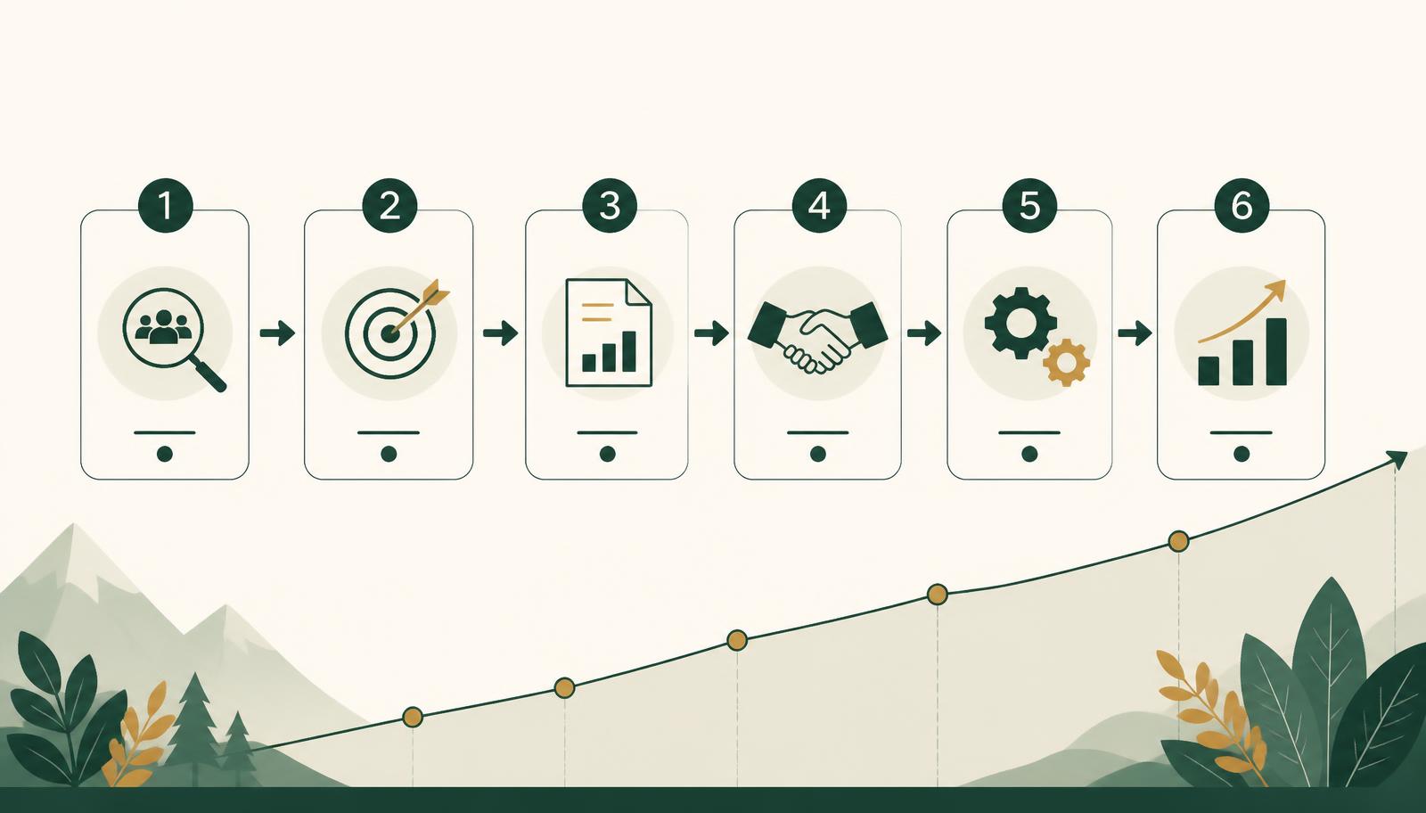 Six-step donor acquisition flow diagram with a rising growth curve