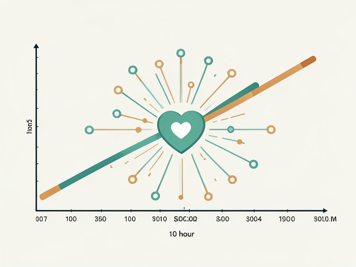 Abstract rising campaign momentum curve with share network nodes around a donation heart