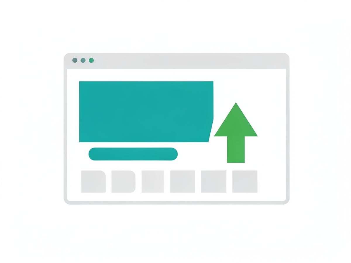 Abstract illustration of a landing page wireframe with a hero block, call-to-action button and rising conversion arrow