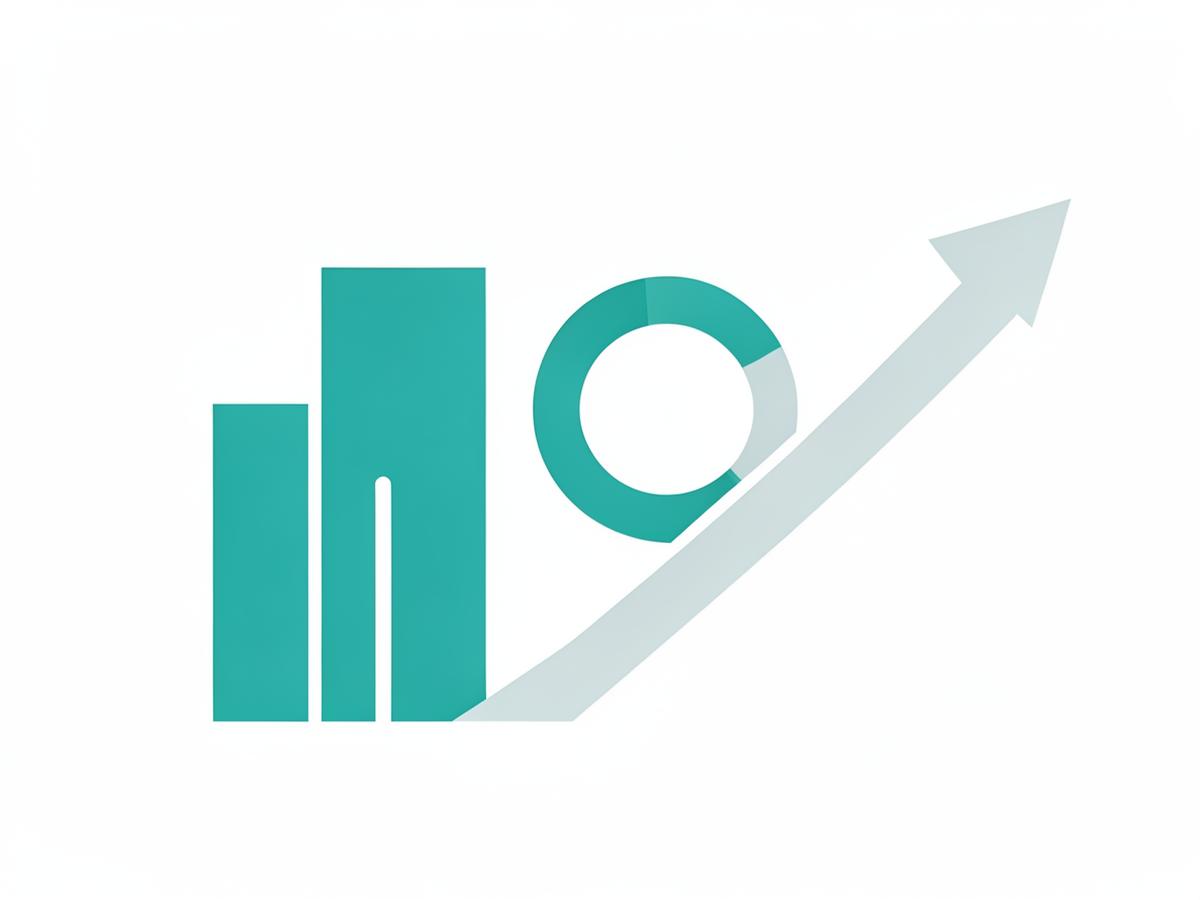 Abstract illustration of a performance dashboard with rising bars, a gauge ring and an upward trend arrow